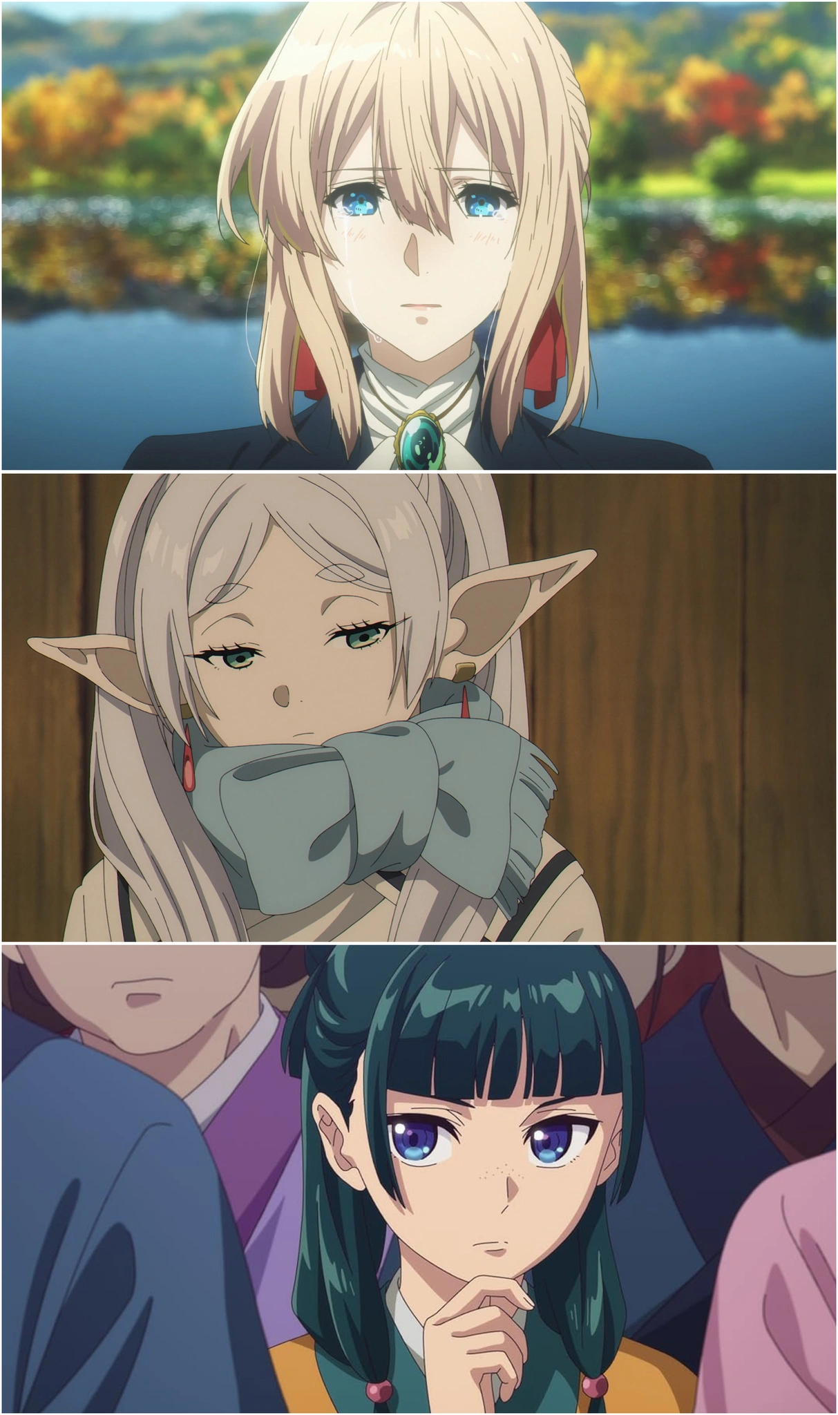 Напоследок трое замечательных примеров женских персонажей из разных аниме — Вайолет, Фрирен и Маомао