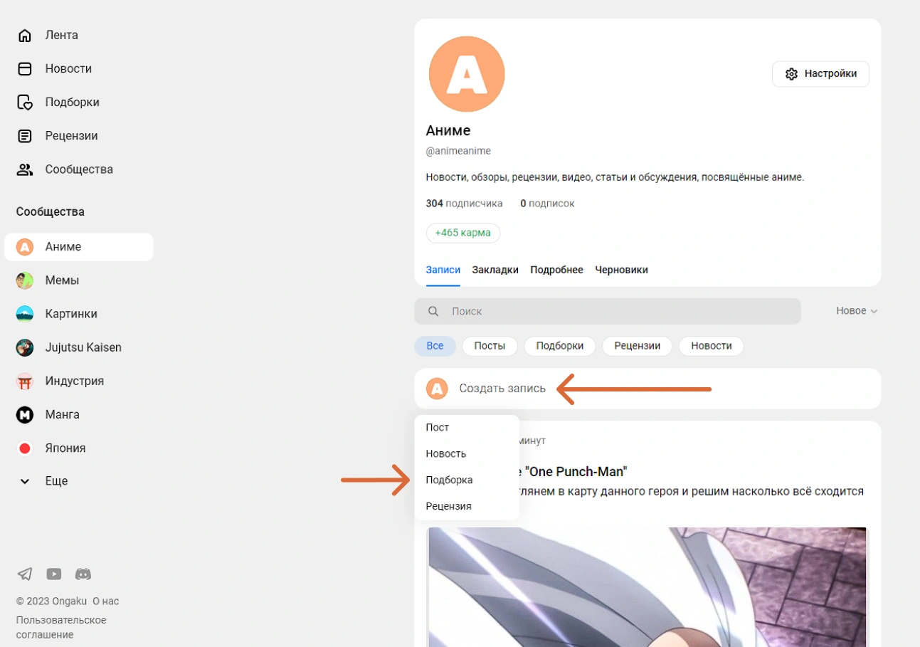 Затем нажимаем "Создать запись" и выбираем тип публикации, который будет отражать вид контента